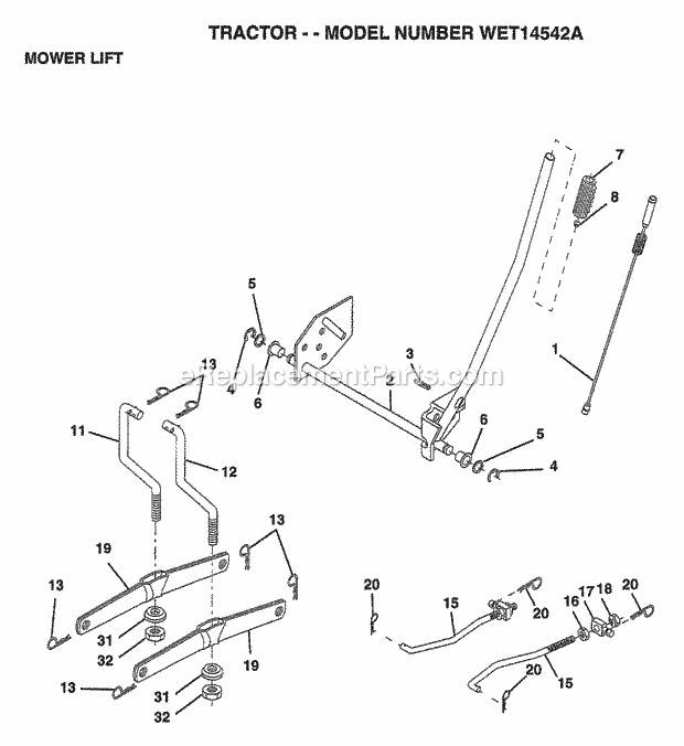 Mower Lift Diagram and Parts List for WET14542A 1999 Husqvarna Lawn Tractor