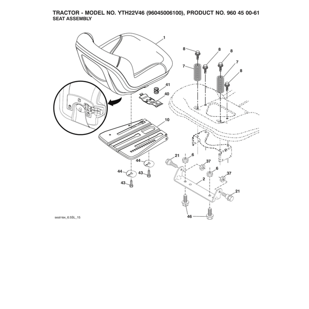 Seat Assembly Diagram and Parts List for YTH22V46-96045006100  Husqvarna Lawn Tractor
