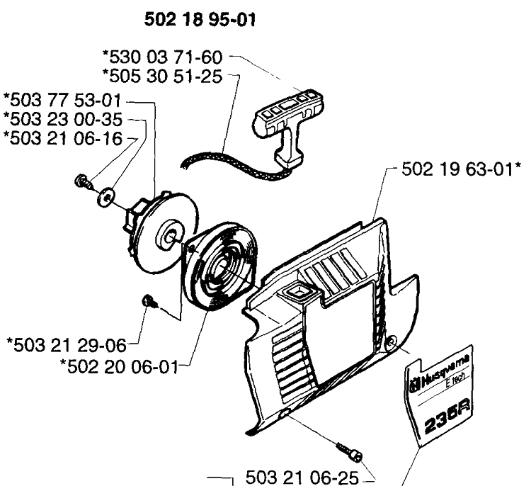 Starter Assembly Diagram and Parts List for 232RL 1997-02 Husqvarna Brush Cutter