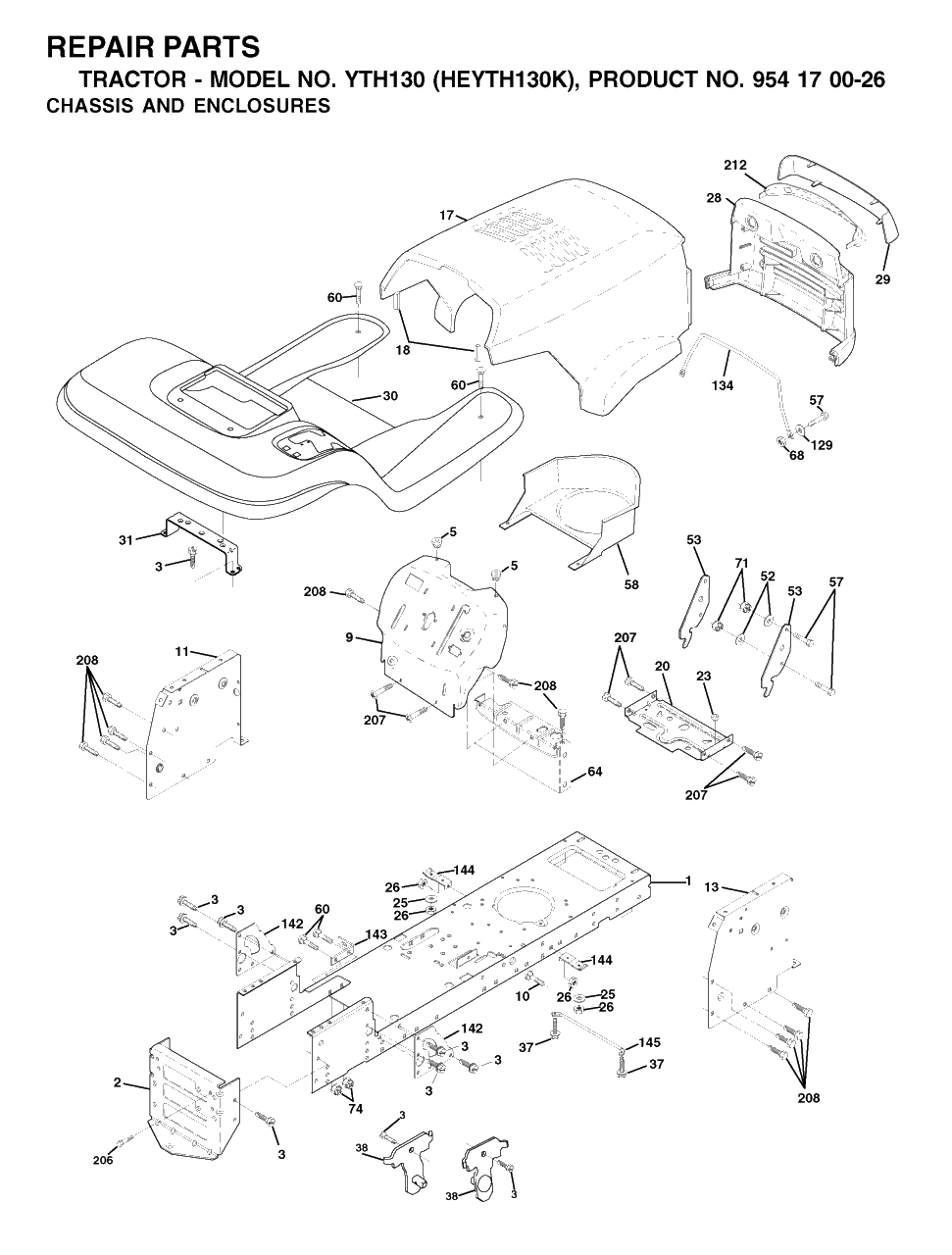 Chassis And Enclosures Diagram and Parts List for YTH130 (954170026-K)(2001-01) Husqvarna Lawn Tractor