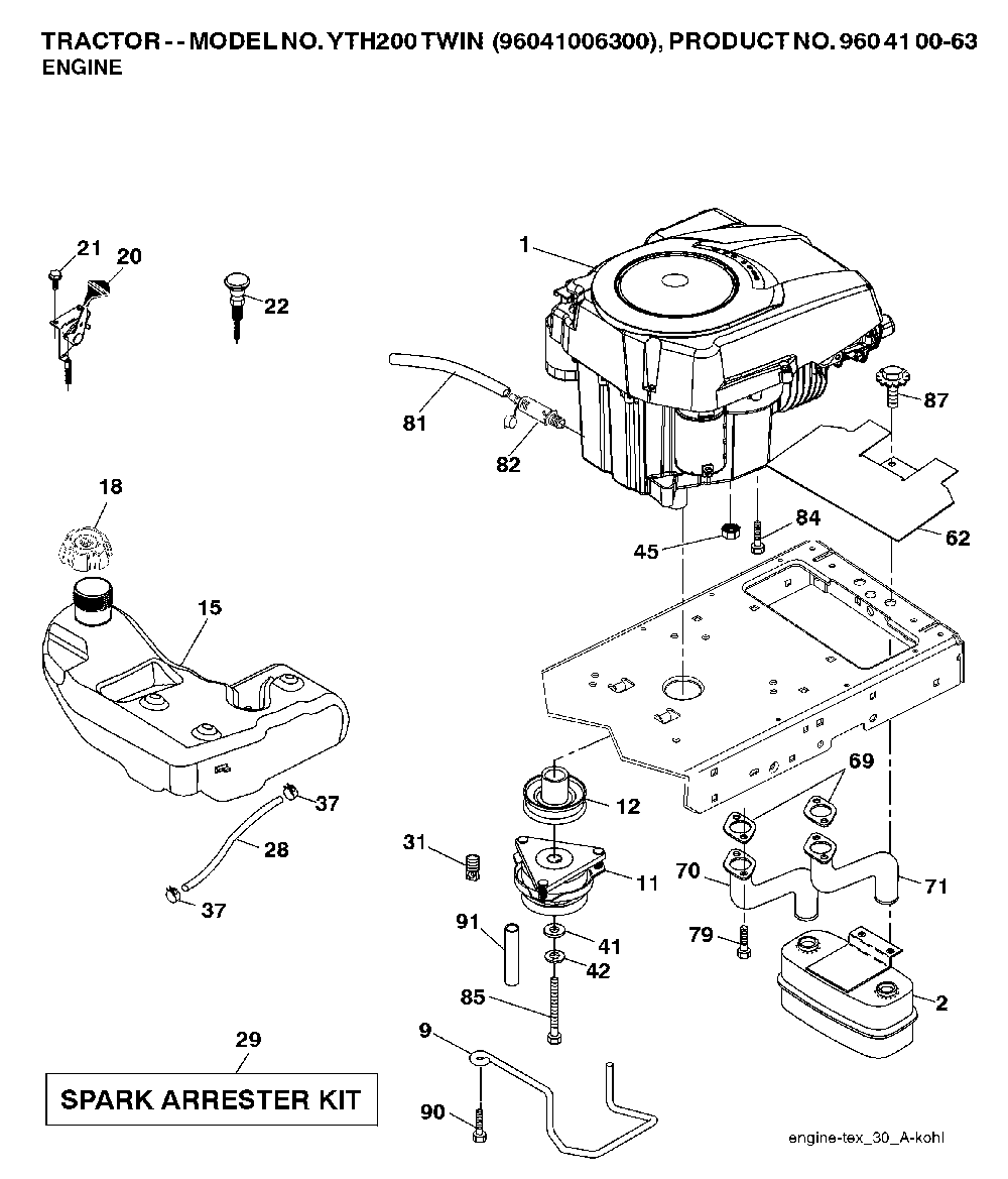 Engine Diagram and Parts List for YTH200TWIN (96041006400)(2007-10) Husqvarna Lawn Tractor