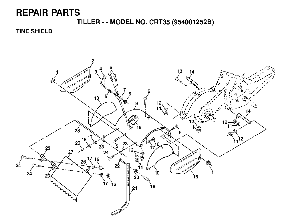 Tine Shield Diagram and Parts List for CRT35 (954001252B)(1995-03) Husqvarna Tiller