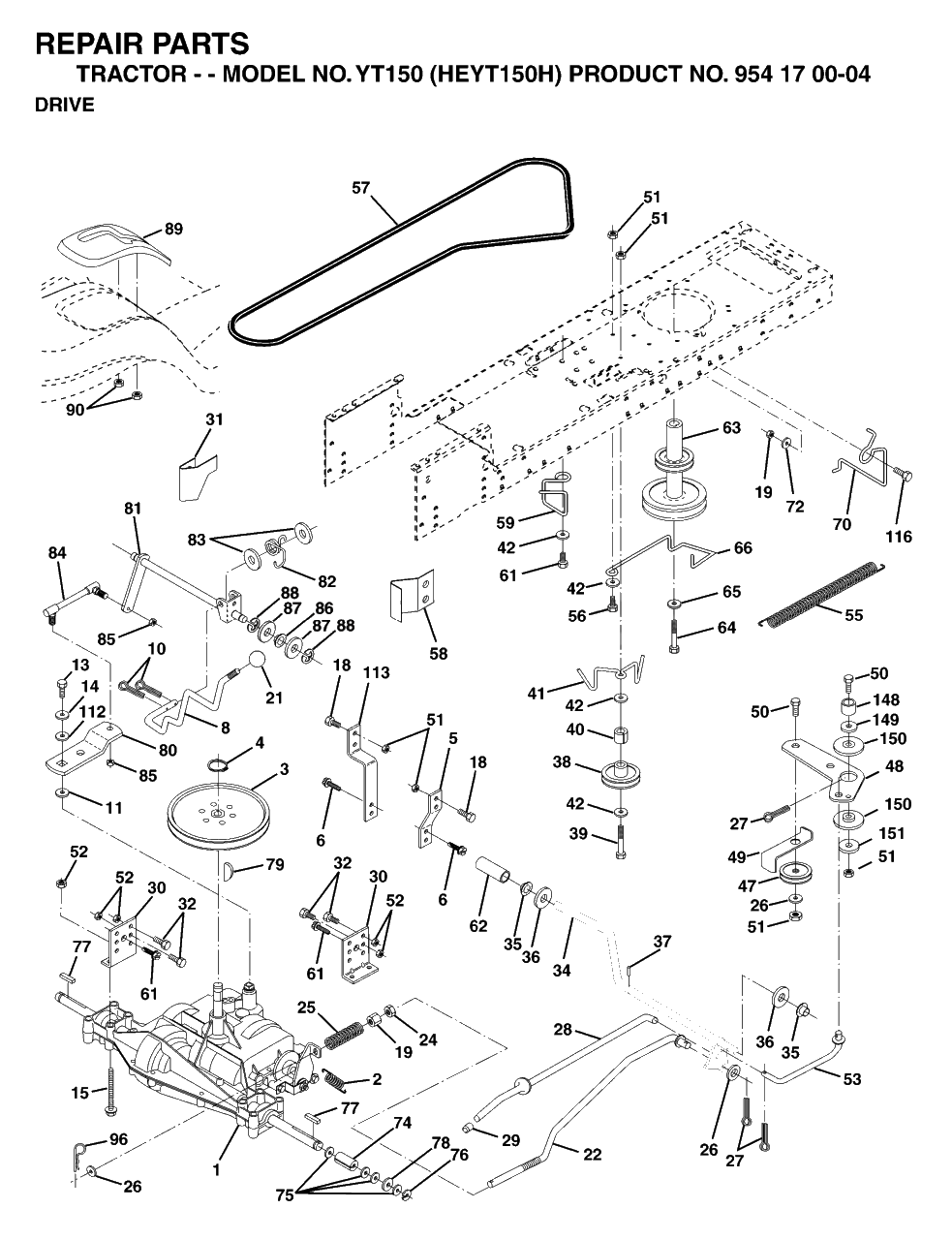Drive Diagram and Parts List for YT150 (954170004-H)(1996-01) Husqvarna Lawn Tractor