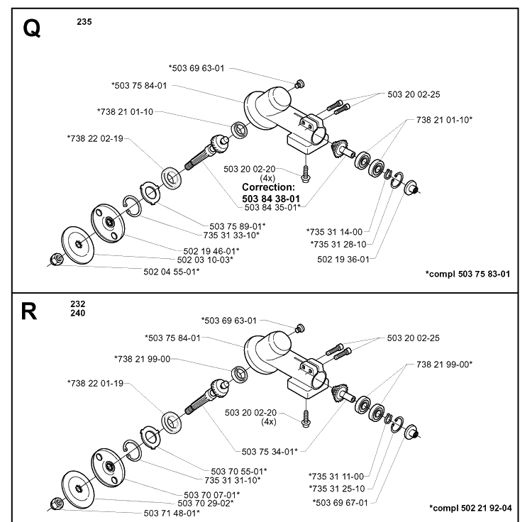 Bevel Gear Diagram and Parts List for 232RD 20001400001-Current Husqvarna Brush Cutter