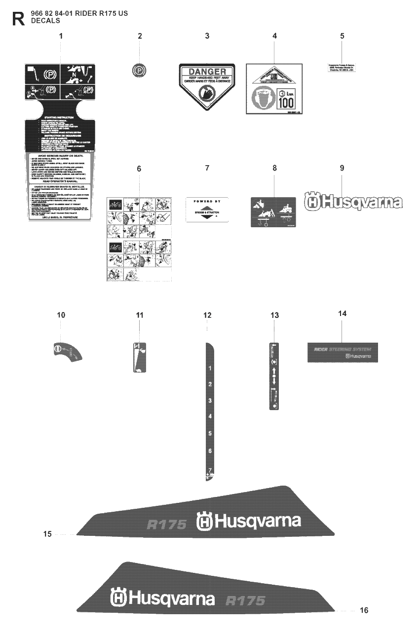 Decals Diagram and Parts List for R175 (966828401)(2008-05) Husqvarna Lawn Tractor