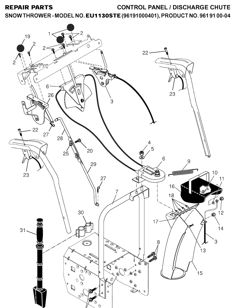 Control Panel And Discharge Chute Diagram and Parts List for 1130STE (96191000401)(2007-01) Husqvarna Snow Blower