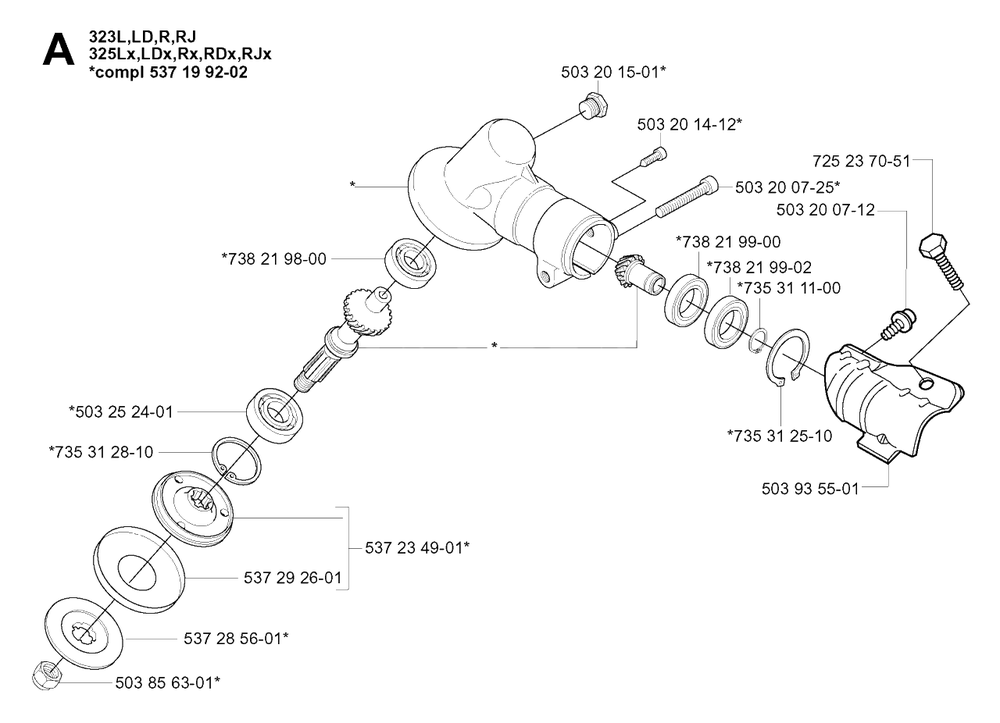 Bevel Gear Diagram and Parts List for 325RDX 20051800001 & Above Husqvarna Trimmer