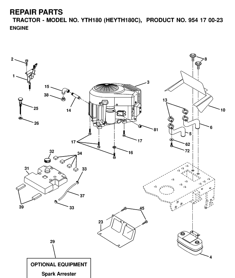 Engine And Cutting Equipment Diagram and Parts List for YTH180 (HEYTH180C)(2000-03) Husqvarna Lawn Tractor