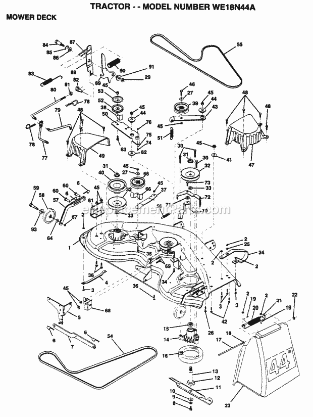 Mower Deck Diagram and Parts List for WE18N44A 1995 Husqvarna Lawn Tractor