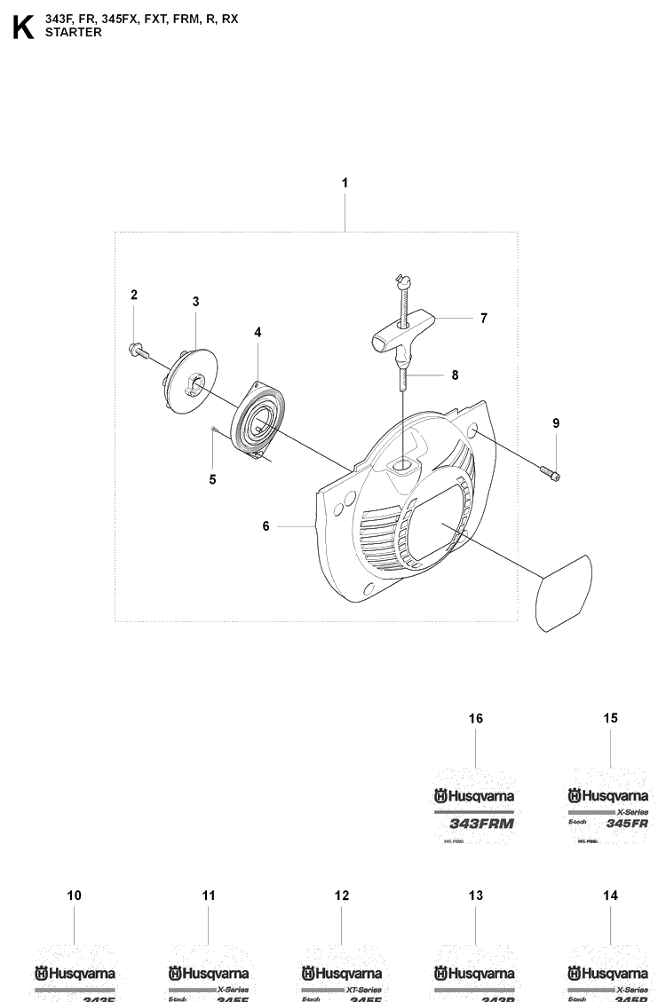 Starter Diagram and Parts List for 343FRM  Husqvarna Brush Cutter