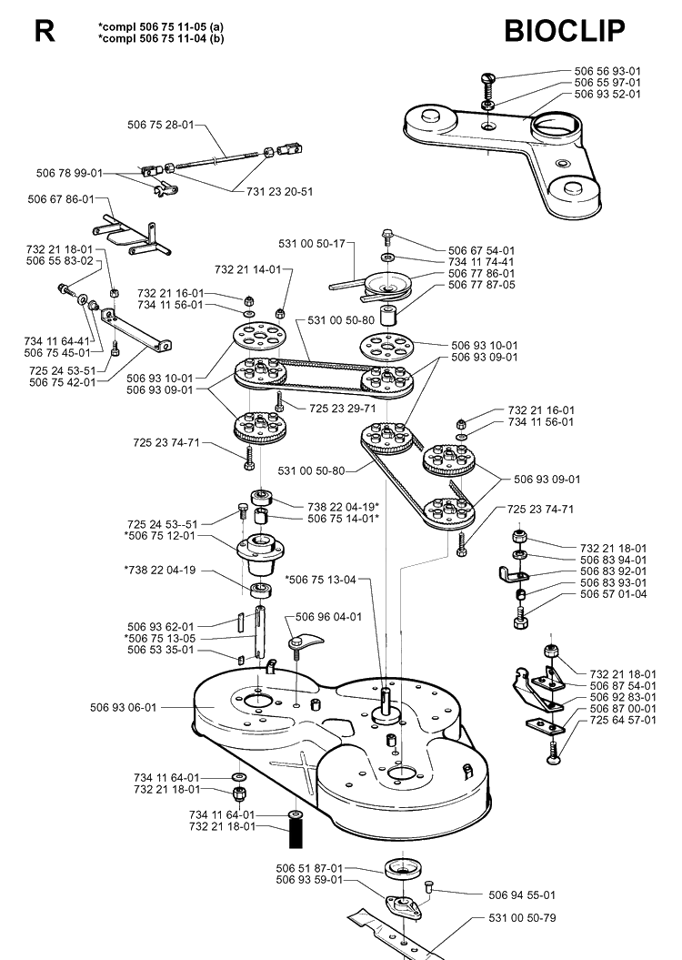 103cm Cutting Deck Diagram and Parts List for RIDER970 1997-03 Husqvarna Lawn Mower