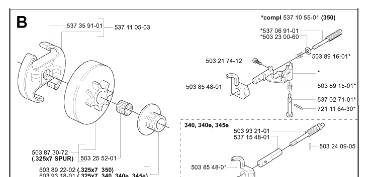 Clutch And Oil Pump Diagram and Parts List for 340E 20051800001-20062300000 Husqvarna Chainsaw