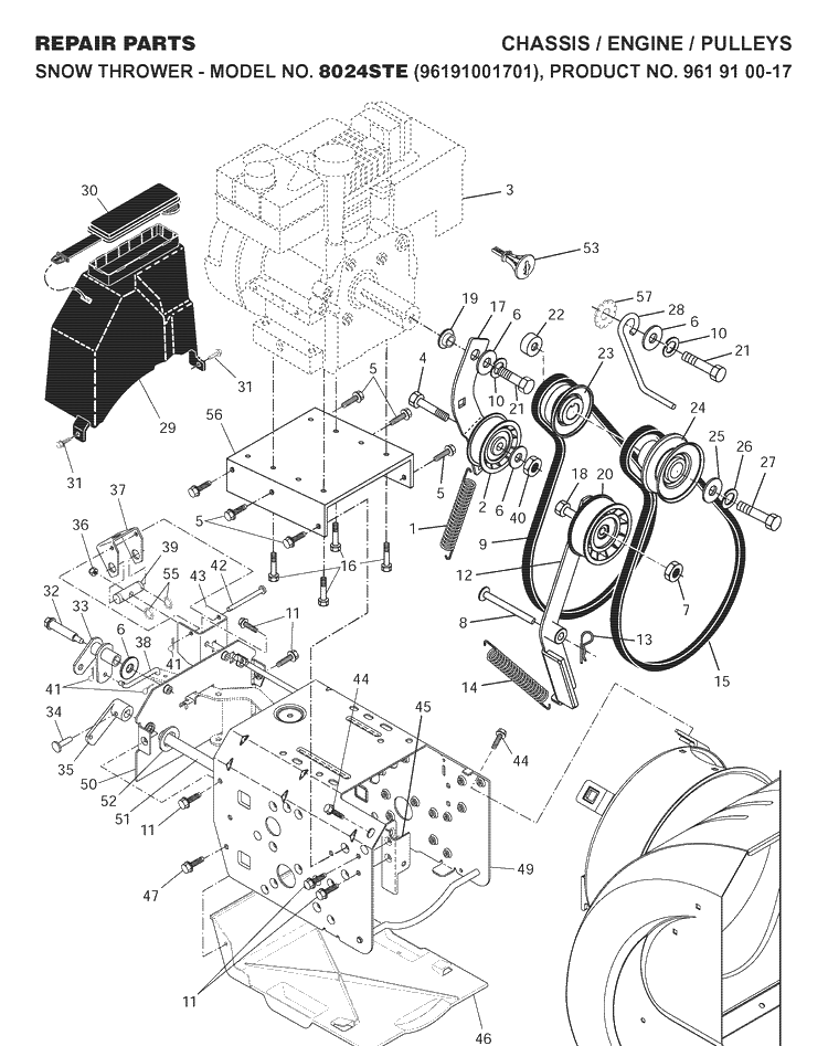 Chassis, Engine And Pulleys Diagram and Parts List for 8024STE (96191001701)(2007-10) Husqvarna Snow Blower