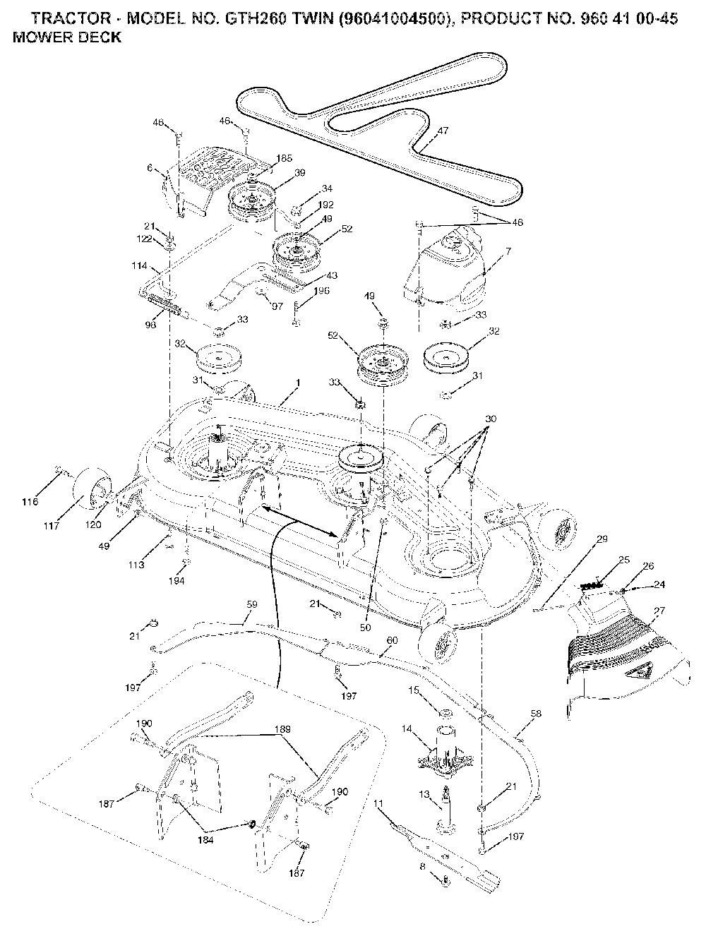 Mower Deck / Cutting Deck Diagram and Parts List for GTH260TWIN (96041004500, 960410045)(2007-02) Husqvarna Lawn Tractor