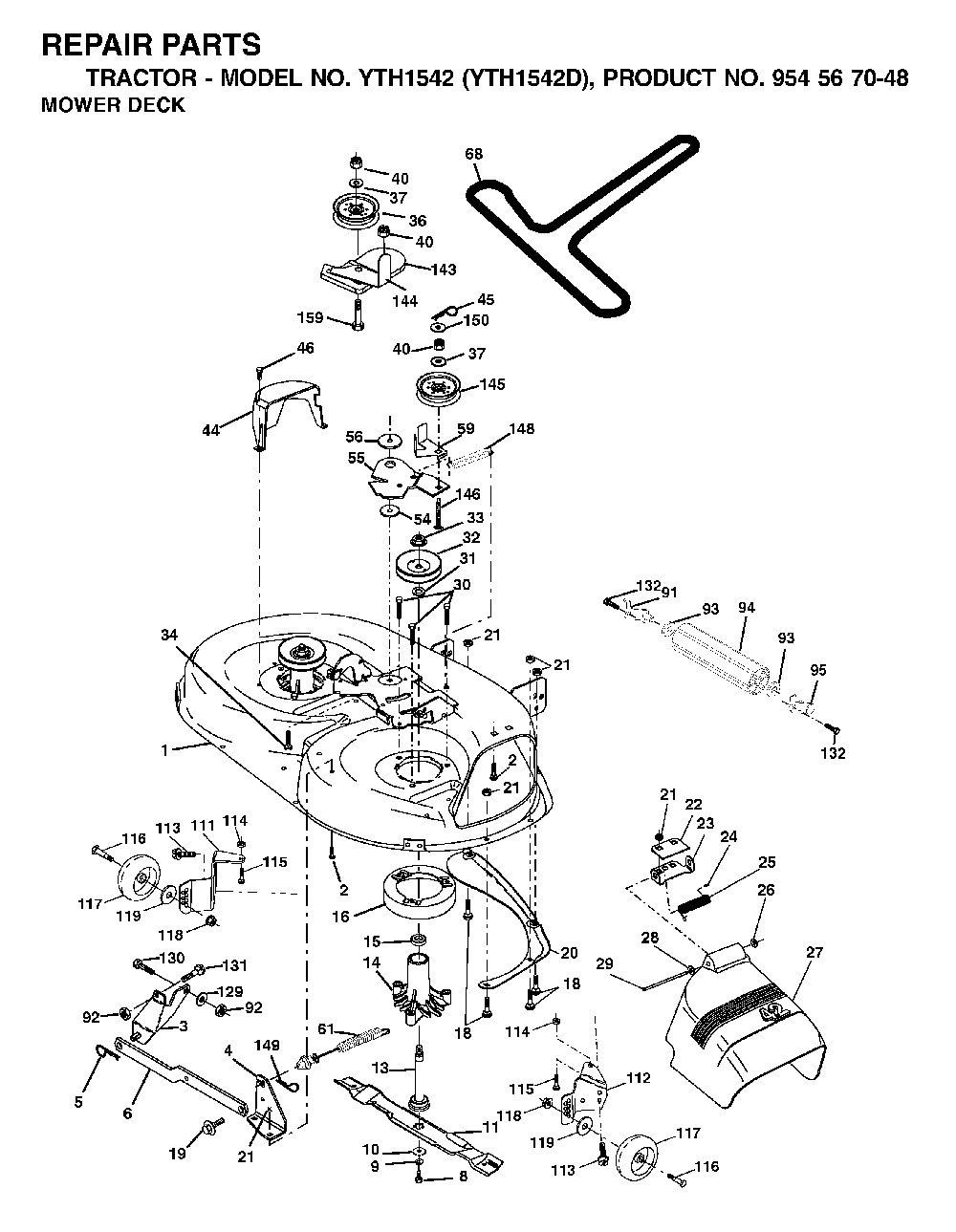 Mower Deck / Cutting Deck Diagram and Parts List for YTH1542D (954567048)(2001-11) Husqvarna Lawn Tractor