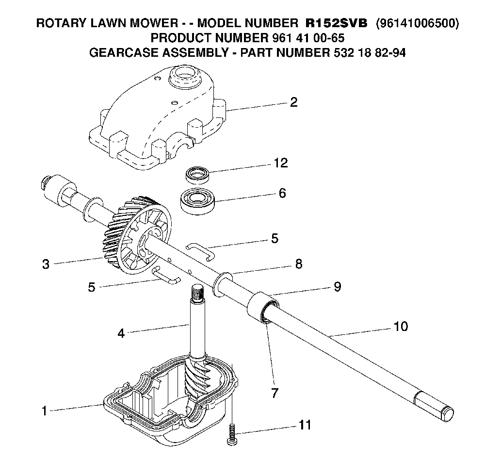 Gear Case Diagram and Parts List for R152SVB (96141006500, 961410065)(2006-02) Husqvarna Lawn Mower