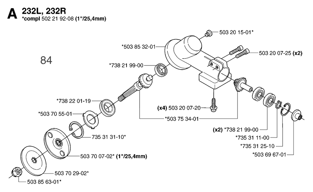 Bevel Gear Diagram and Parts List for 232R 20144900001 & Above Husqvarna Trimmer