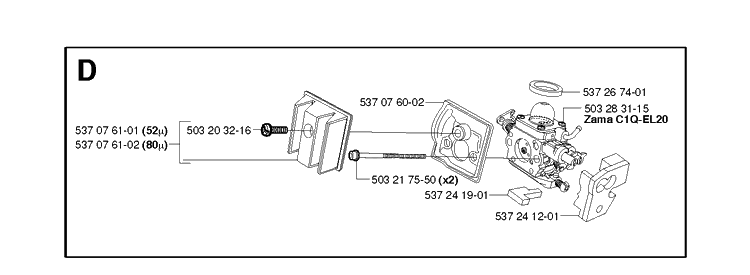 Carburetor And Air Filter Diagram and Parts List for 336 20034000001-20040100000 Husqvarna Chainsaw