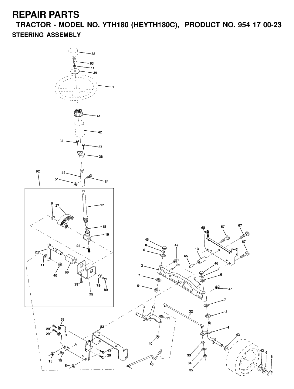 Steering Diagram and Parts List for YTH180 (954170023-C)(2000-03) Husqvarna Lawn Tractor