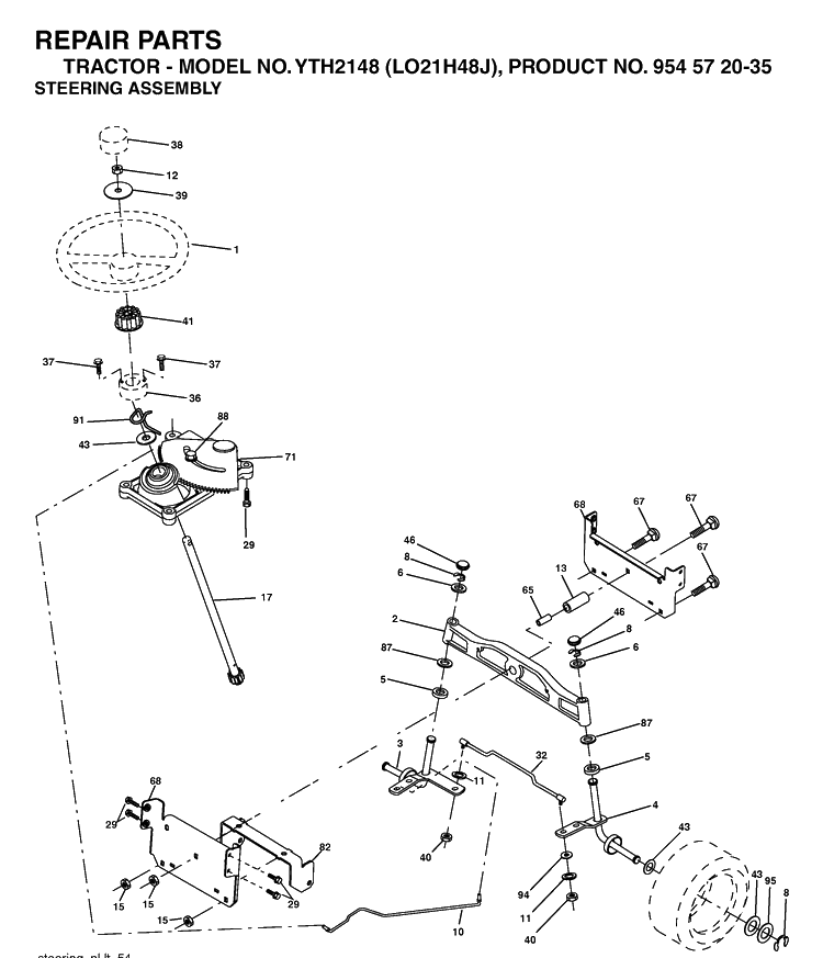 Steering Diagram and Parts List for YTH2148-LO21H48J 2004-05 Husqvarna Lawn Tractor
