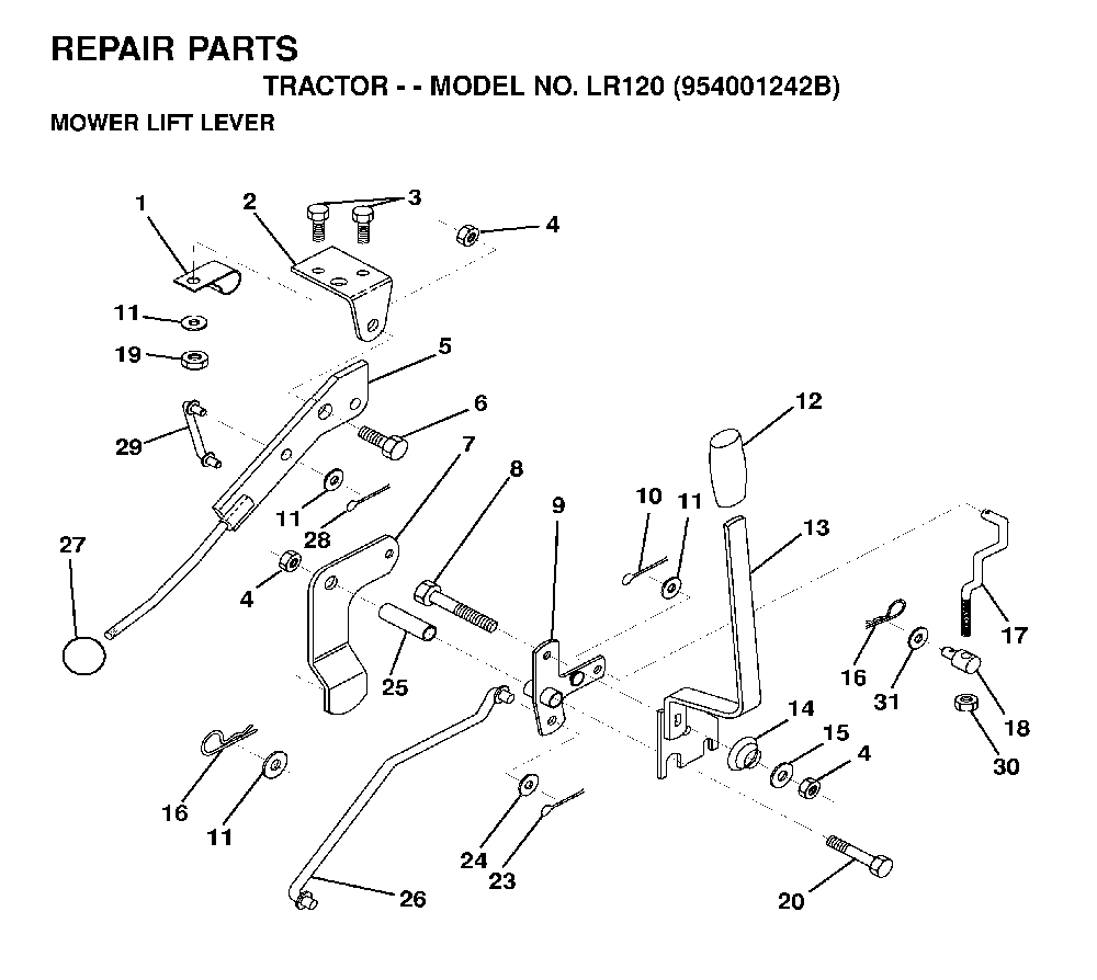 Mower Lift Lever Diagram and Parts List for LR120 (954001242B)(1995-02) Husqvarna Lawn Tractor