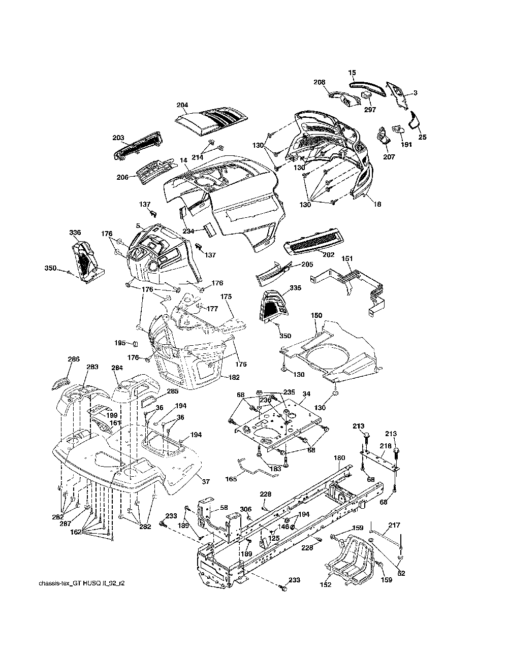 Chassis Diagram and Parts List for YTH24V54-96043018800  Husqvarna Lawn Tractor