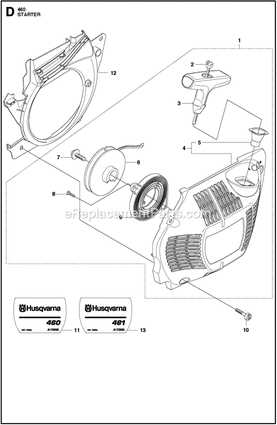 Starter Diagram and Parts List for 460RANCHER  Husqvarna Chainsaw