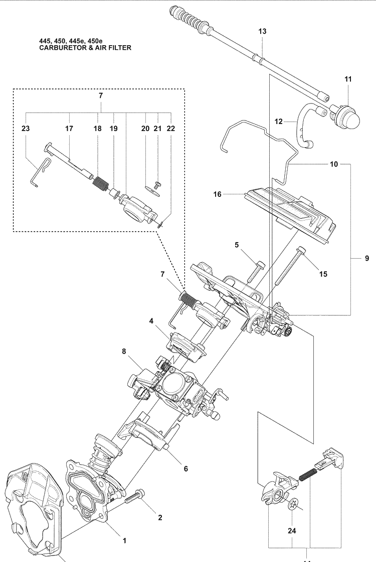 Carburetor And Air Filter Diagram and Parts List for 450E 2009-02 Husqvarna Chainsaw