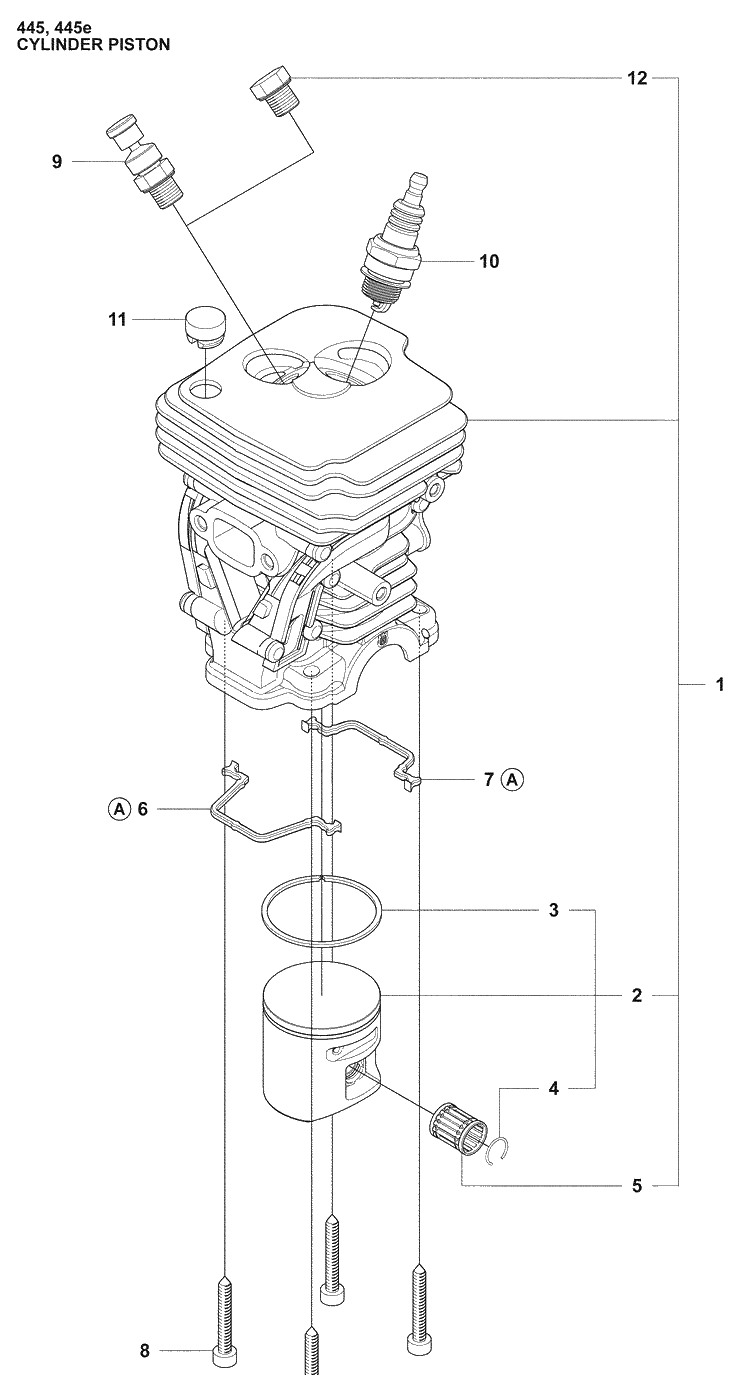 Cylinder Piston Diagram and Parts List for 445E 2009-02 Husqvarna Chainsaw