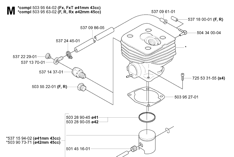 Cylinder Piston Diagram and Parts List for 343F 20043100001-20064000000 Husqvarna Brush Cutter