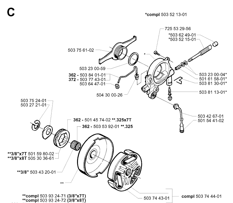 Clutch And Oil Pump 2 Diagram and Parts List for 372XP/ (XPG)(20014000001-20034000000) Husqvarna Chainsaw