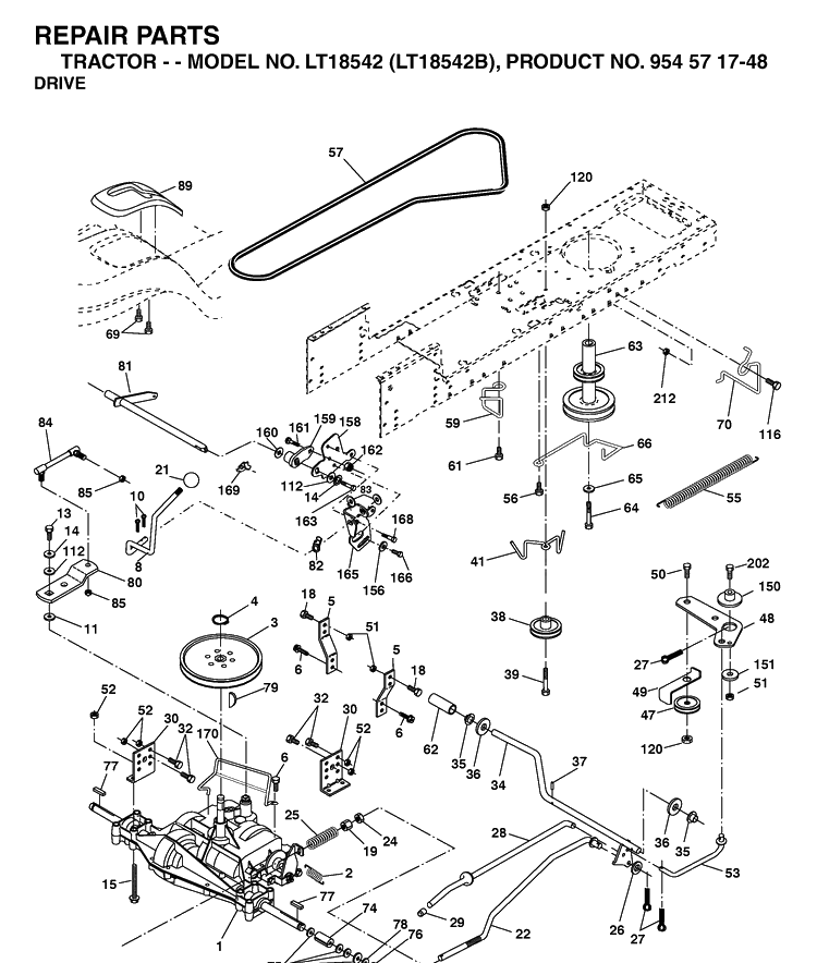 Drive Diagram and Parts List for LT18542-LT18542B 2004-02 Husqvarna Lawn Tractor