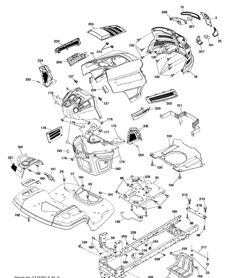 Chassis And Enclosures Diagram and Parts List for YTH224TFI (96041034500)(2013-11) Husqvarna Lawn Tractor