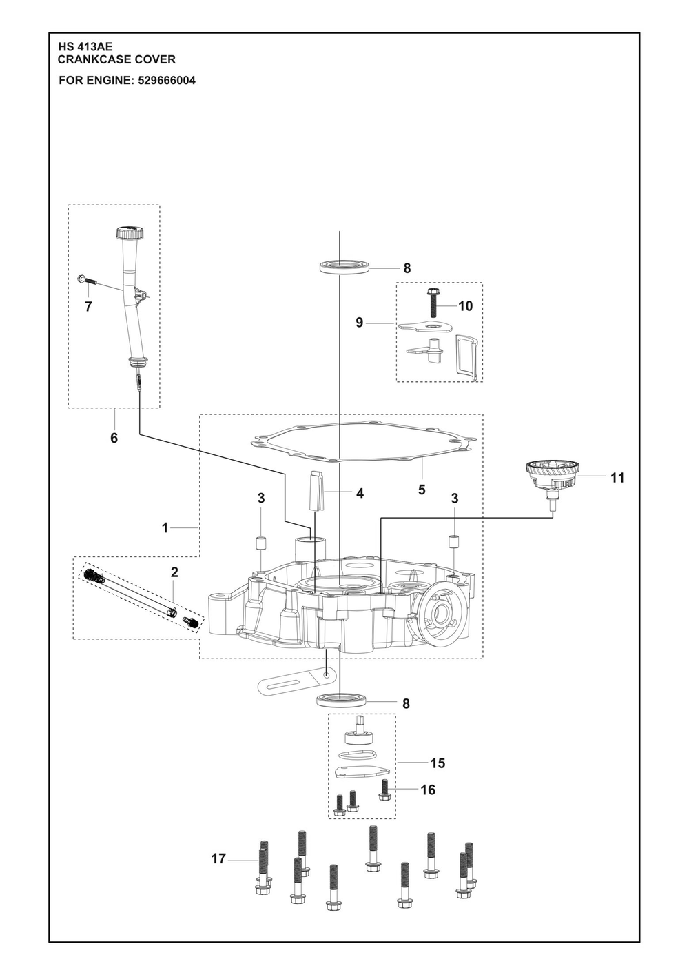 Crankcase Cover Diagram and Parts List for HS413AE  Husqvarna Engine