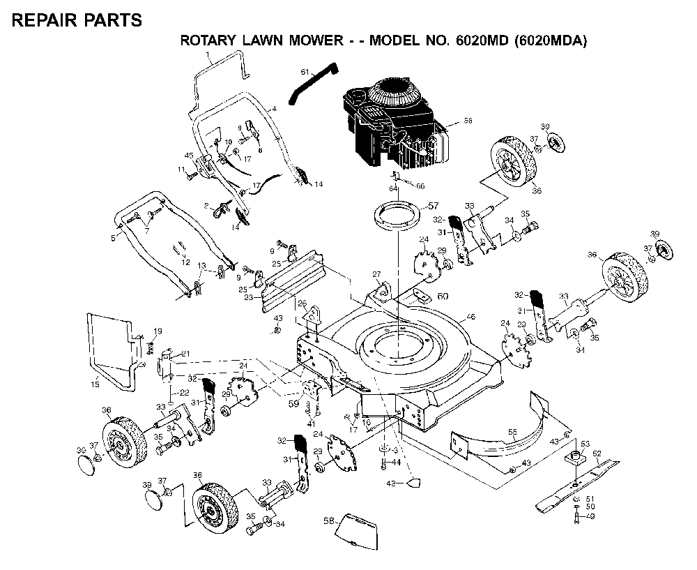 Product Complete Diagram and Parts List for 6020MDA (954222688)(2001-01) Husqvarna Lawn Mower