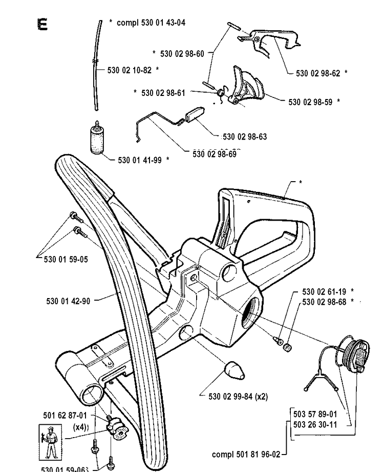 Fuel Tank And Handle Diagram and Parts List for 41 19912200001-19941800000 Husqvarna Chainsaw