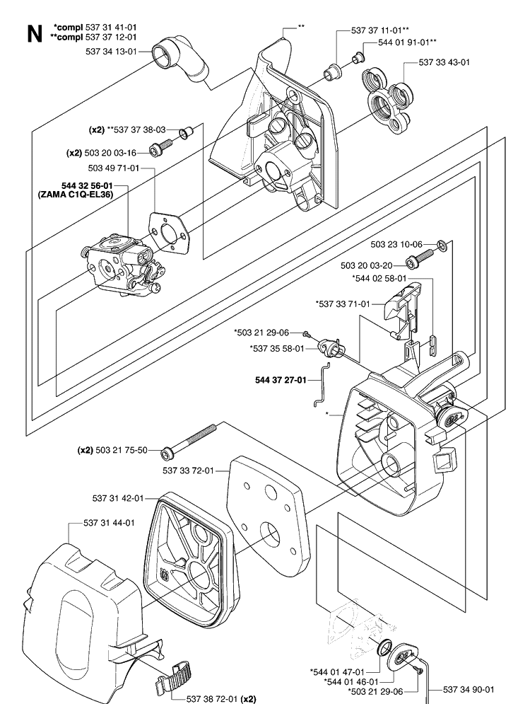 Carburetor And Air Filter Diagram and Parts List for 335RX 20064000001-20070100000 Husqvarna Brush Cutter