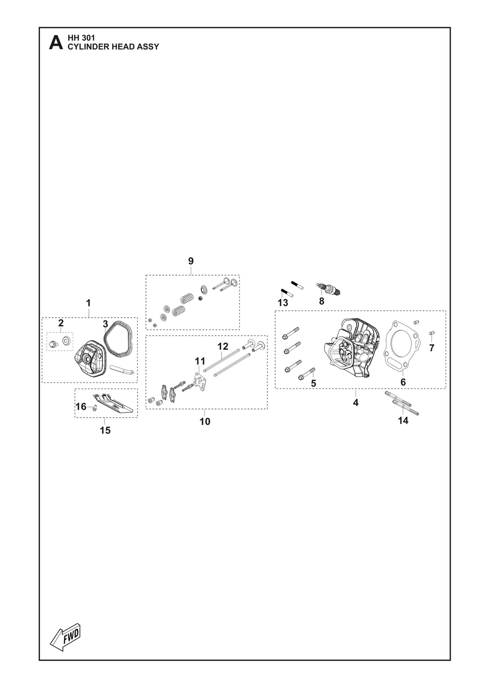 Cylinder Head Assembly Diagram and Parts List for HH301 598609801, 598609802, 598609803 Husqvarna Engine
