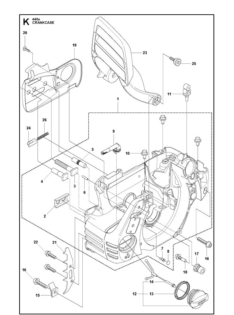 Crankcase Diagram and Parts List for 440E 2011-05 Husqvarna Chainsaw
