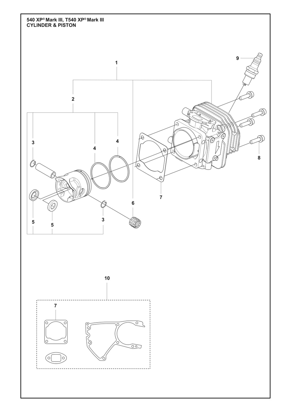 Cylinder Piston Diagram and Parts List for T540XPMARKIII  Husqvarna Chainsaw
