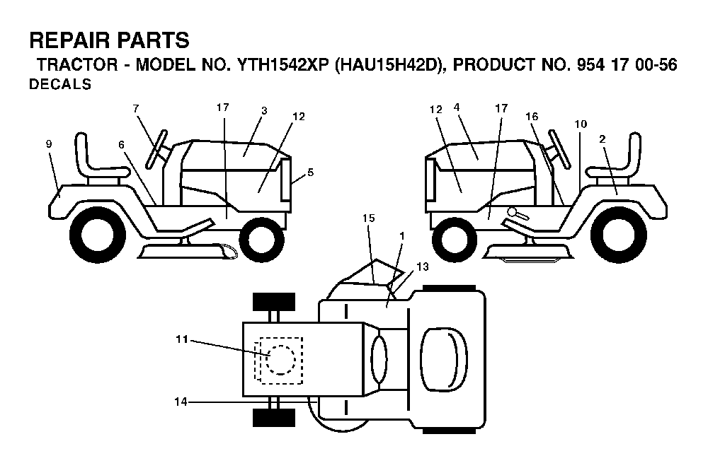 Decals Diagram and Parts List for YTH1542XP (HAU15H42D, 954170056)(2003-01) Husqvarna Lawn Tractor