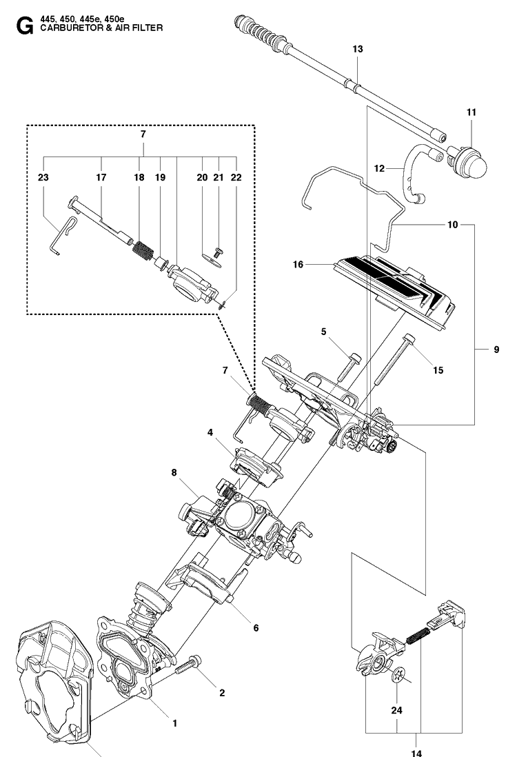 Carburetor And Air Filter Diagram and Parts List for 445 20103600001-20112700000 Husqvarna Chainsaw