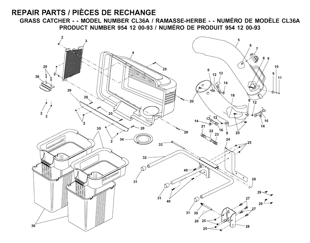 Bagger Diagram and Parts List for CL36A (954120093)(2001-03) Husqvarna Lawn Tractor Accessories
