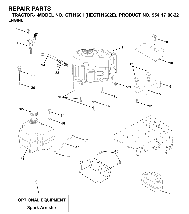 Engine And Cutting Equipment Diagram and Parts List for CTH160II (HECTH1602E)(2001-02) Husqvarna Lawn Tractor