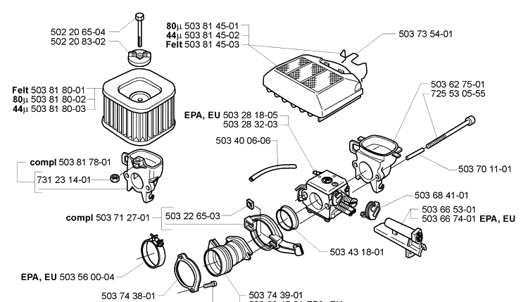 Air Filter / Carburetor Diagram and Parts List for 365EPA 2005-05 Husqvarna Chainsaw