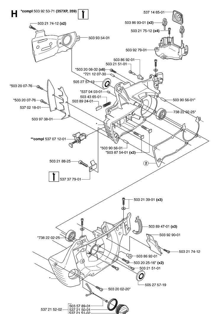 Crankcase Diagram and Parts List for 359 20070900001-Current Husqvarna Chainsaw