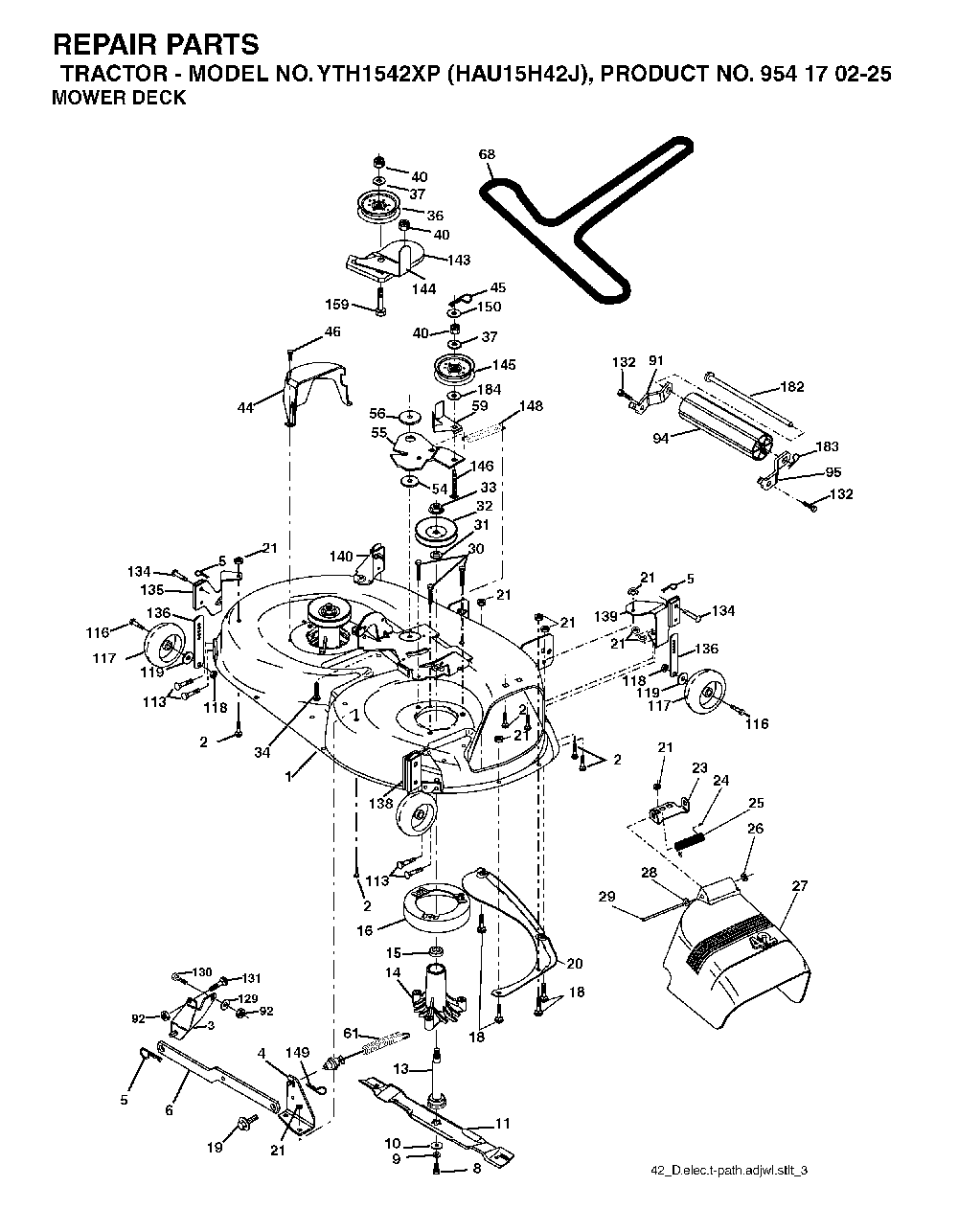 Mower Deck / Cutting Deck Diagram and Parts List for YTH1542XP (HAU15H42J, 954170225)(2004-09) Husqvarna Lawn Tractor