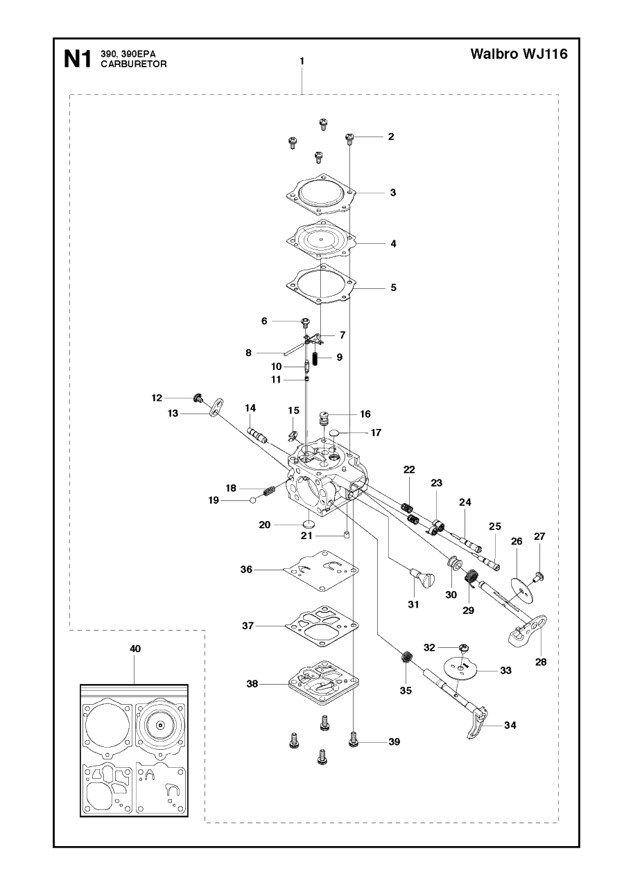Carburetor Diagram and Parts List for 390XP-XPG-XPW (EPA)(20101800001 - 20111800000) Husqvarna Chainsaw
