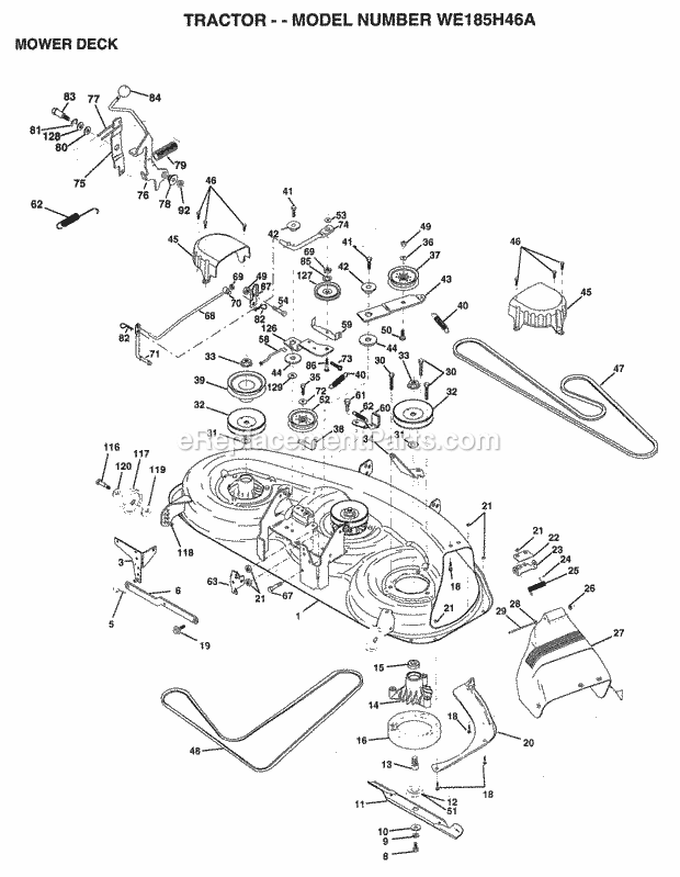 Mower Deck Diagram and Parts List for WE185H46A 1998 Husqvarna Lawn Tractor