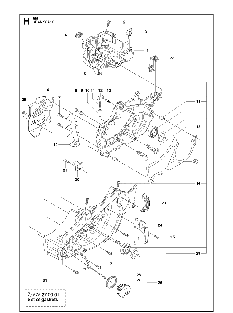 Crankcase Diagram and Parts List for 555 2011-03 Husqvarna Chainsaw